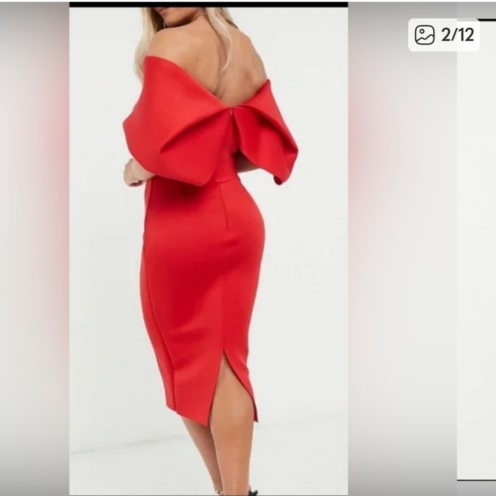 Asos Curve Fold Front Bardot Midi Pencil Dress Size 26 - Picture 2 of 10